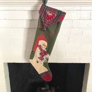 Vintage Style Snowman Farmhouse Christmas Stocking |Plaid Trim |Holiday |Country